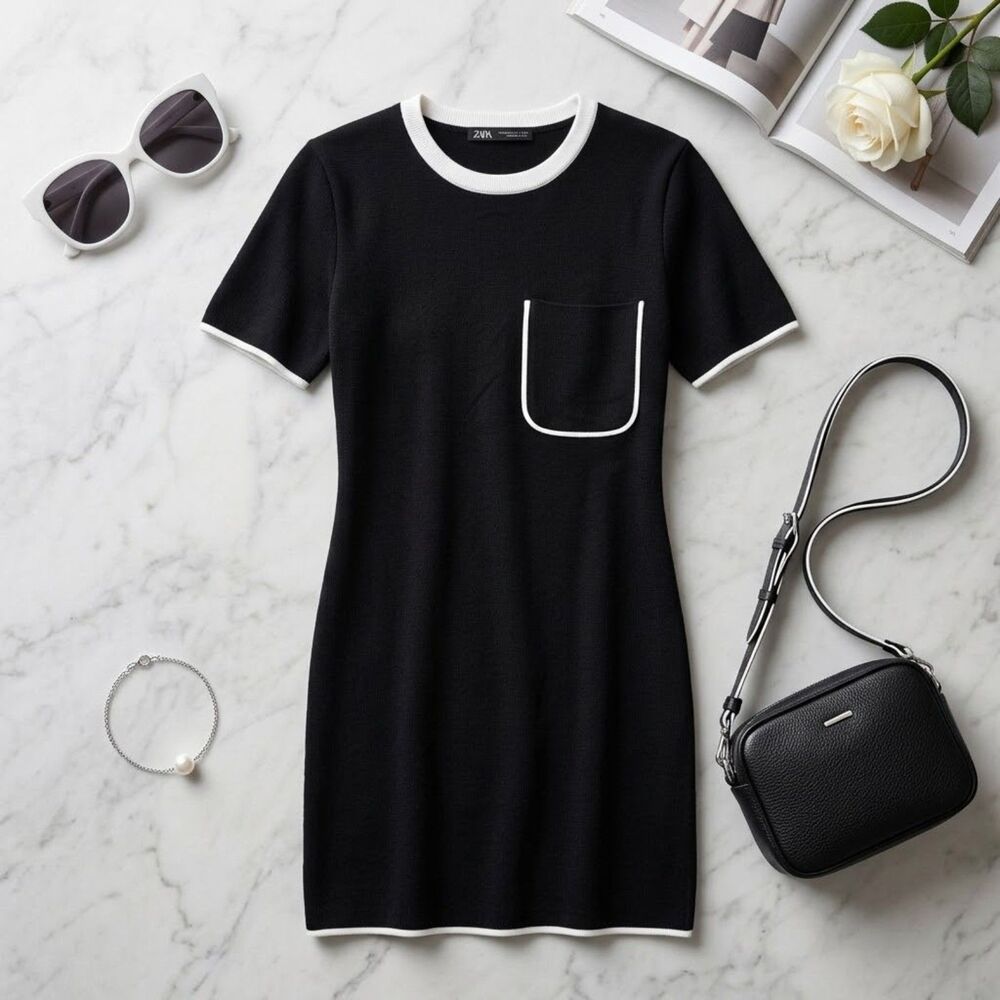 ZARA Trafaluc Black Sweater Dress White Contrast Pocket Short Sleeve Size Small